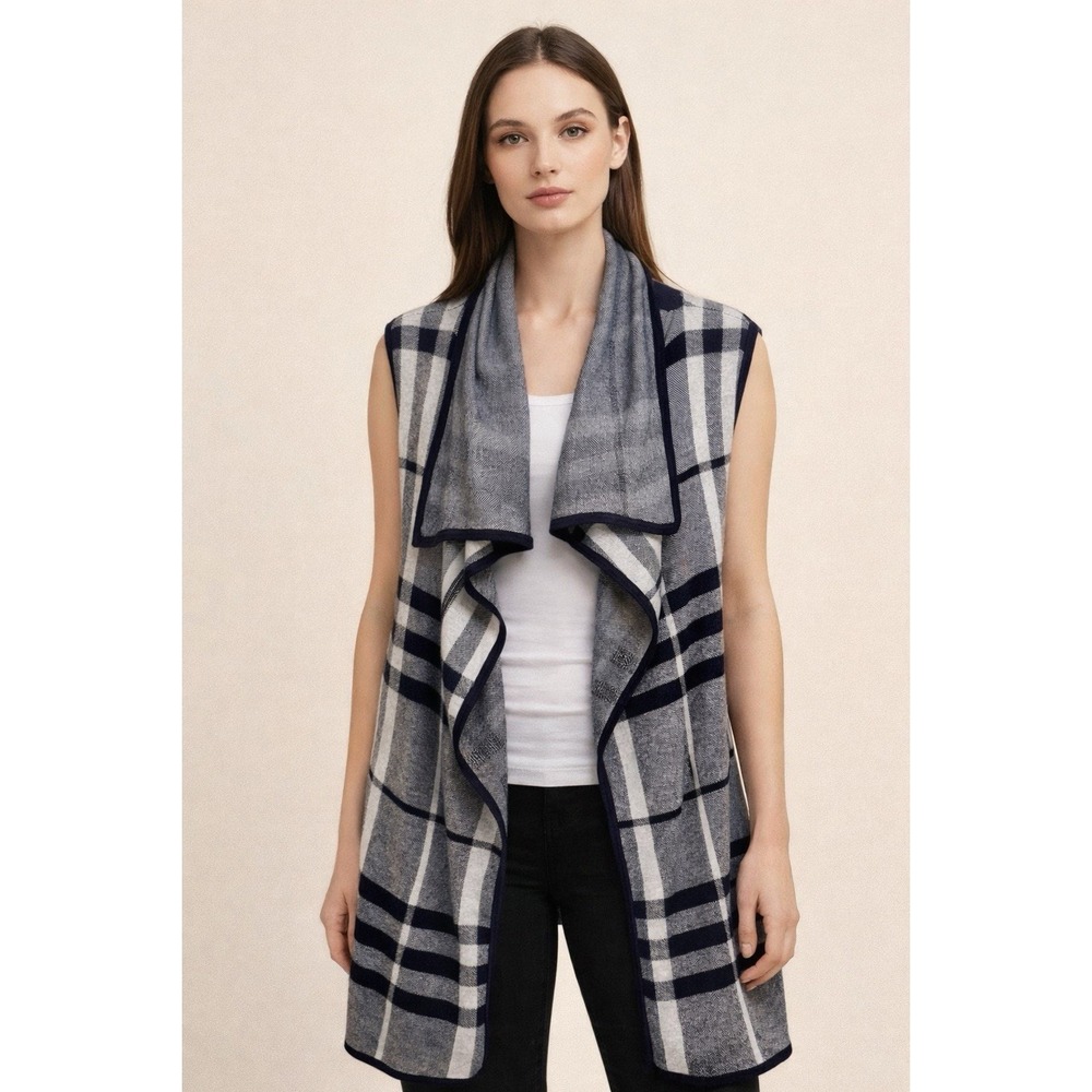 OST Cotton Cashmere Blend Sleeveless Knit Cardigan Sz M Blue Plaid Shawl‎ Collar